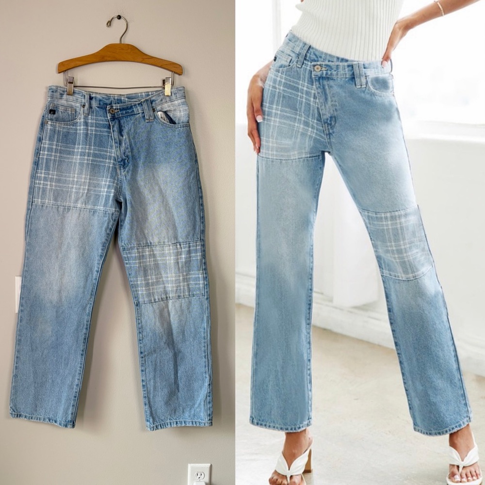 Kancan Plaid Patch Criss Cross Jeans